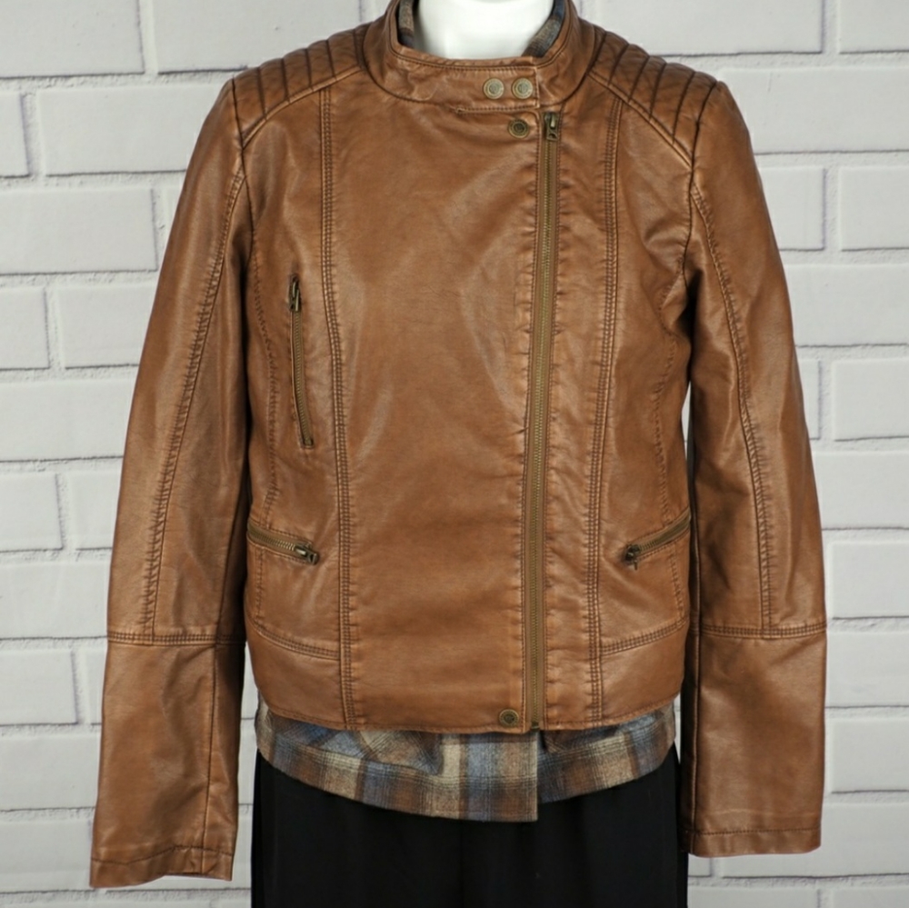 Aeropostale L brown faux leather moto biker jacket